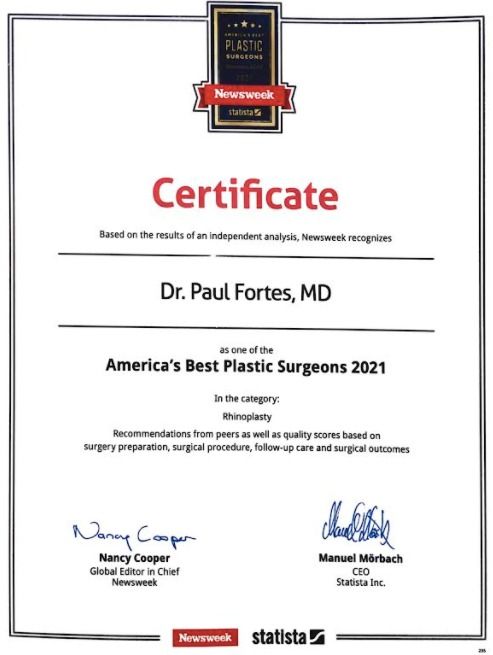 Certificate for Dr. Paul Fortes, MD, 2021.