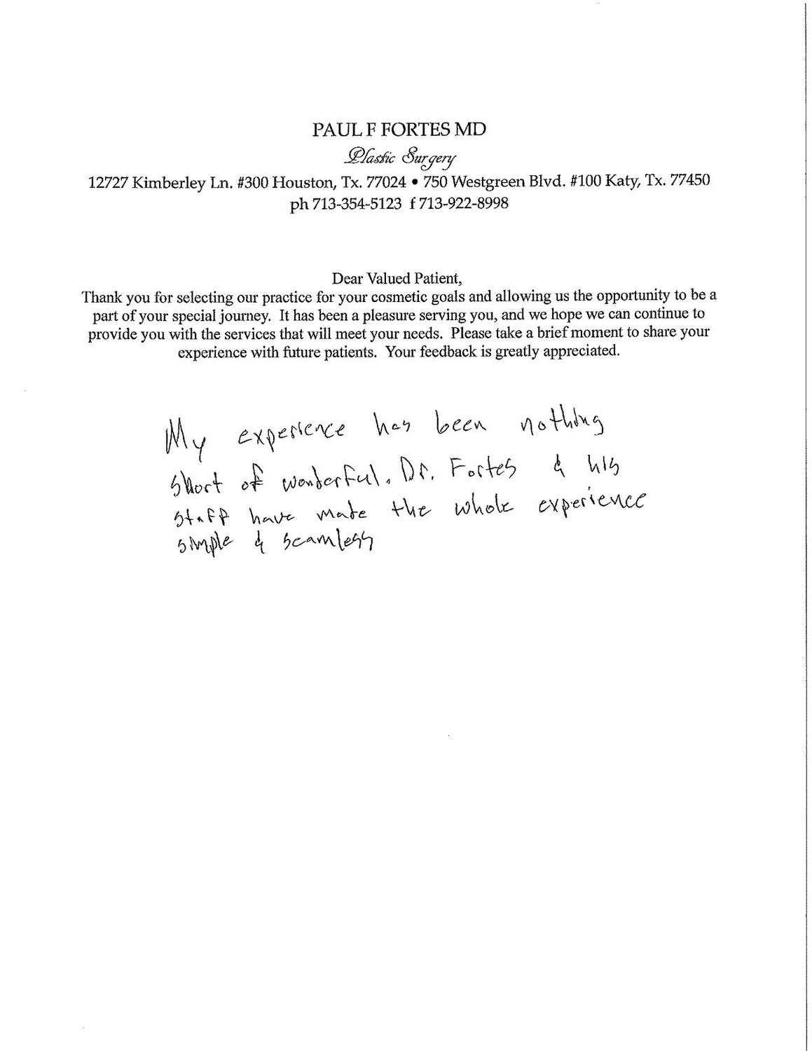 Patient feedback letter from Dr. Paul Fortes.