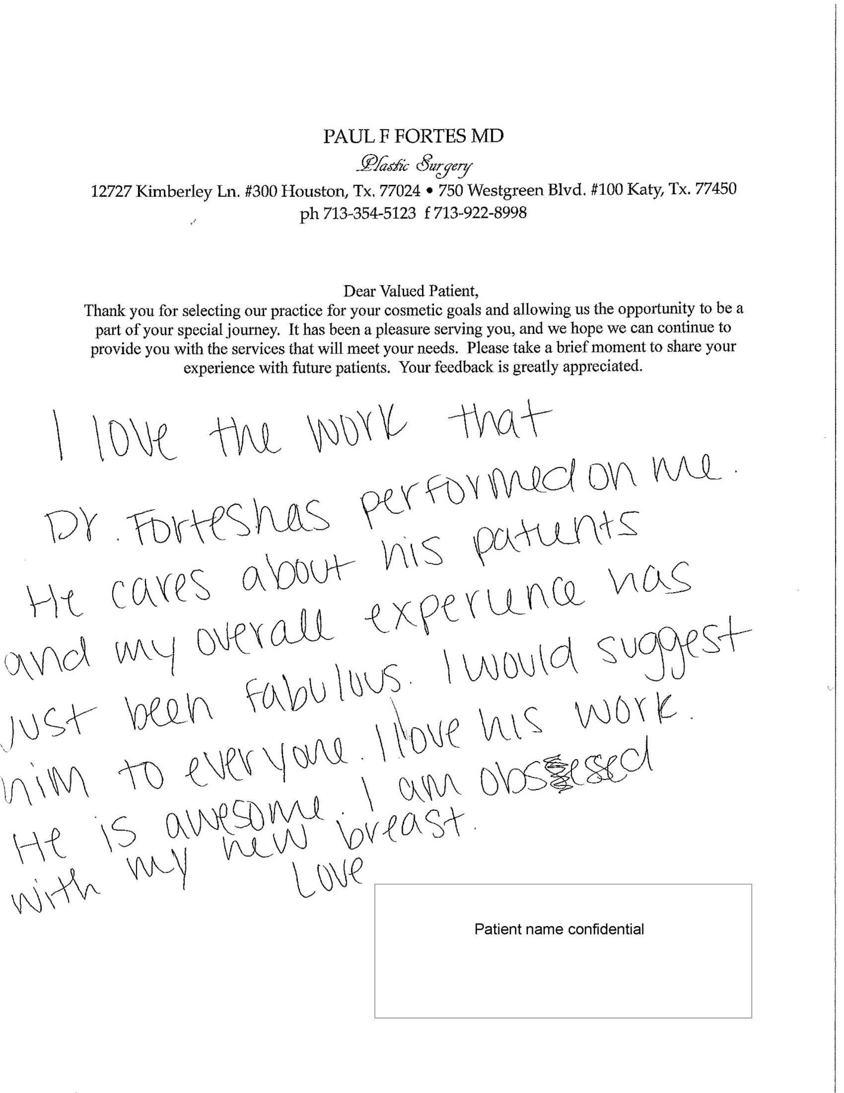 Patient Testimonials & Cards Dr. Fortes  Houston