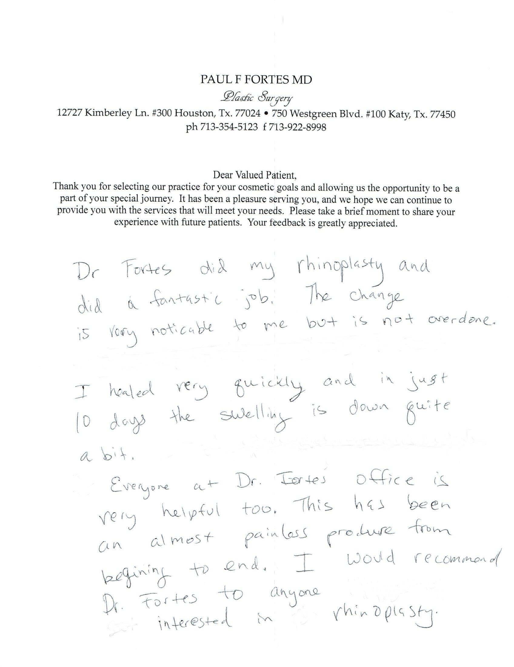 Patient Testimonials & Cards Dr. Fortes  Houston